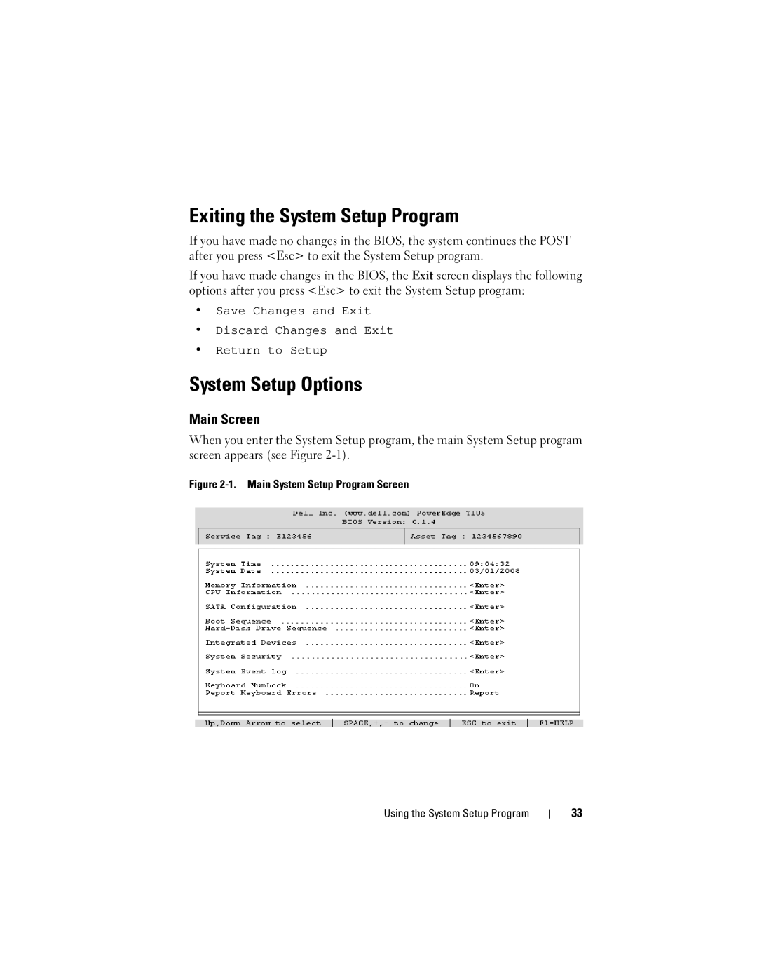 Dell T105 Systems owner manual Exiting the System Setup Program, System Setup Options, Main Screen 