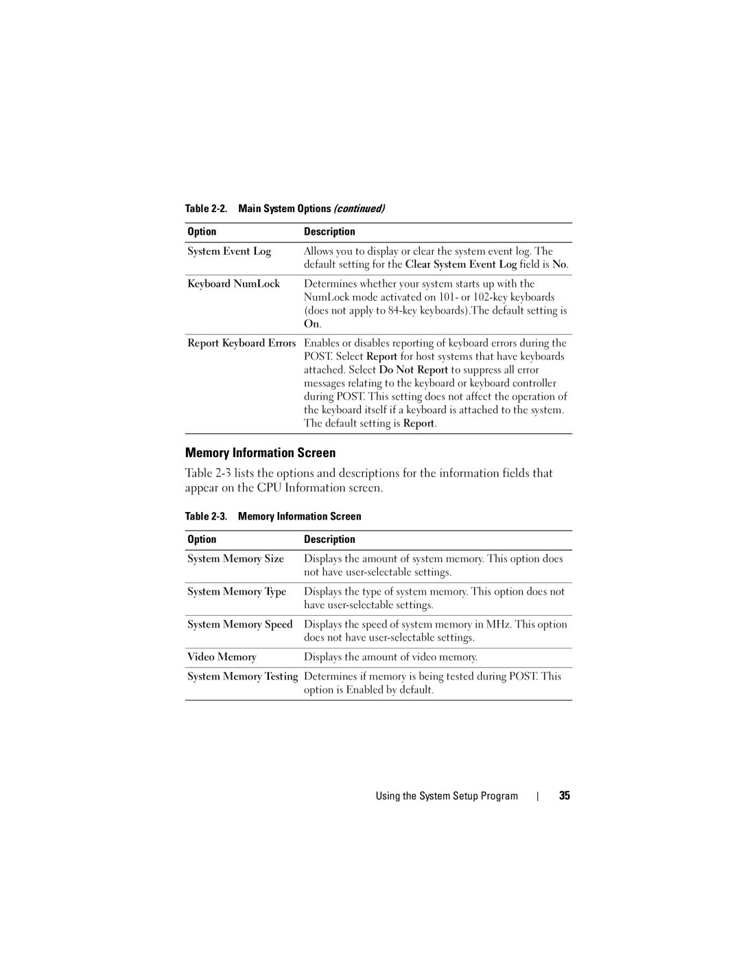 Dell T105 Systems owner manual Memory Information Screen, Main System Options OptionDescription 