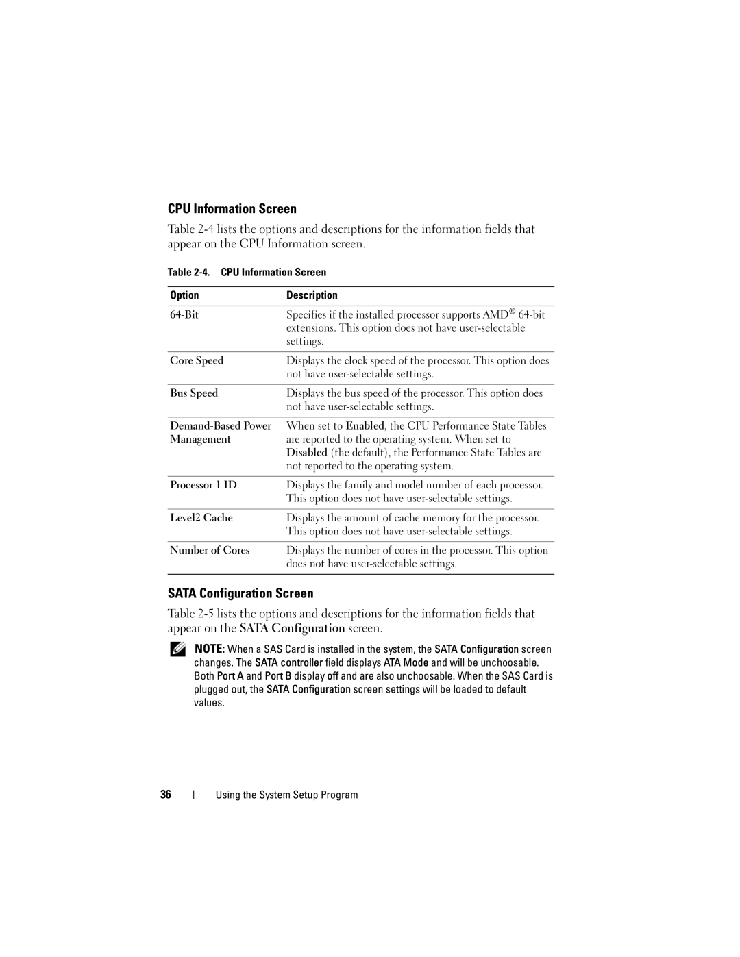 Dell T105 Systems owner manual CPU Information Screen, Sata Configuration Screen 