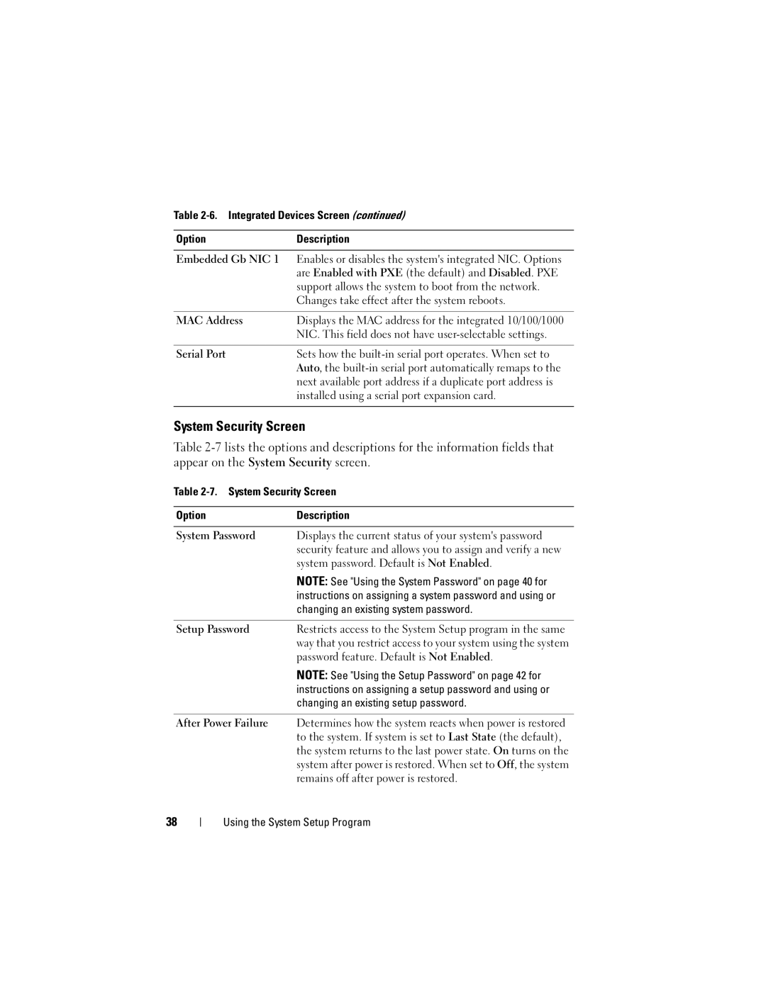 Dell T105 Systems owner manual System Security Screen 