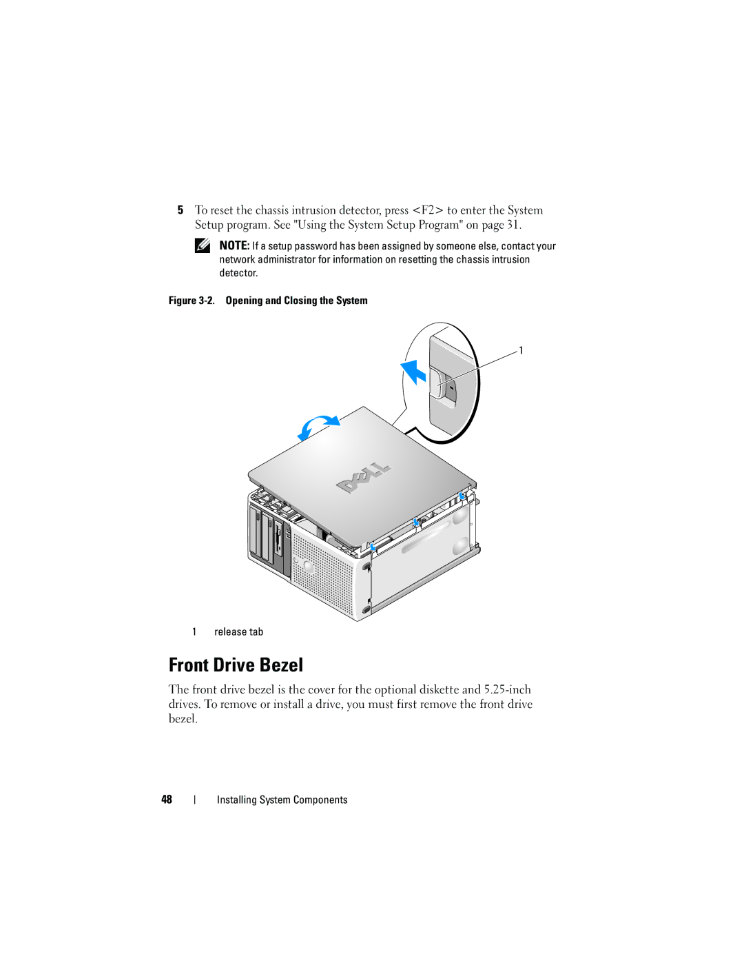 Dell T105 Systems owner manual Front Drive Bezel, Opening and Closing the System Release tab 