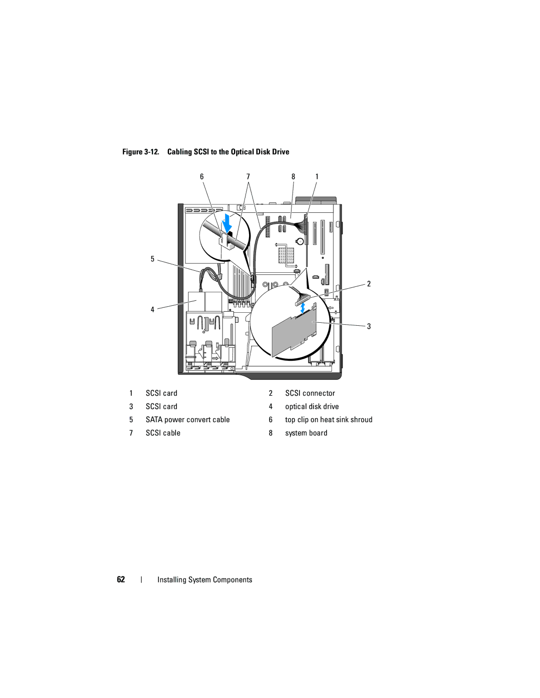 Dell T105 Systems owner manual Scsi cable System board Installing System Components 