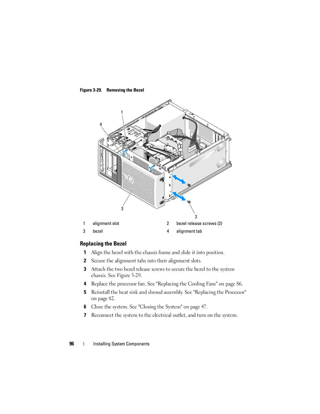 Dell T105 Systems owner manual Replacing the Bezel, Bezel Alignment tab 