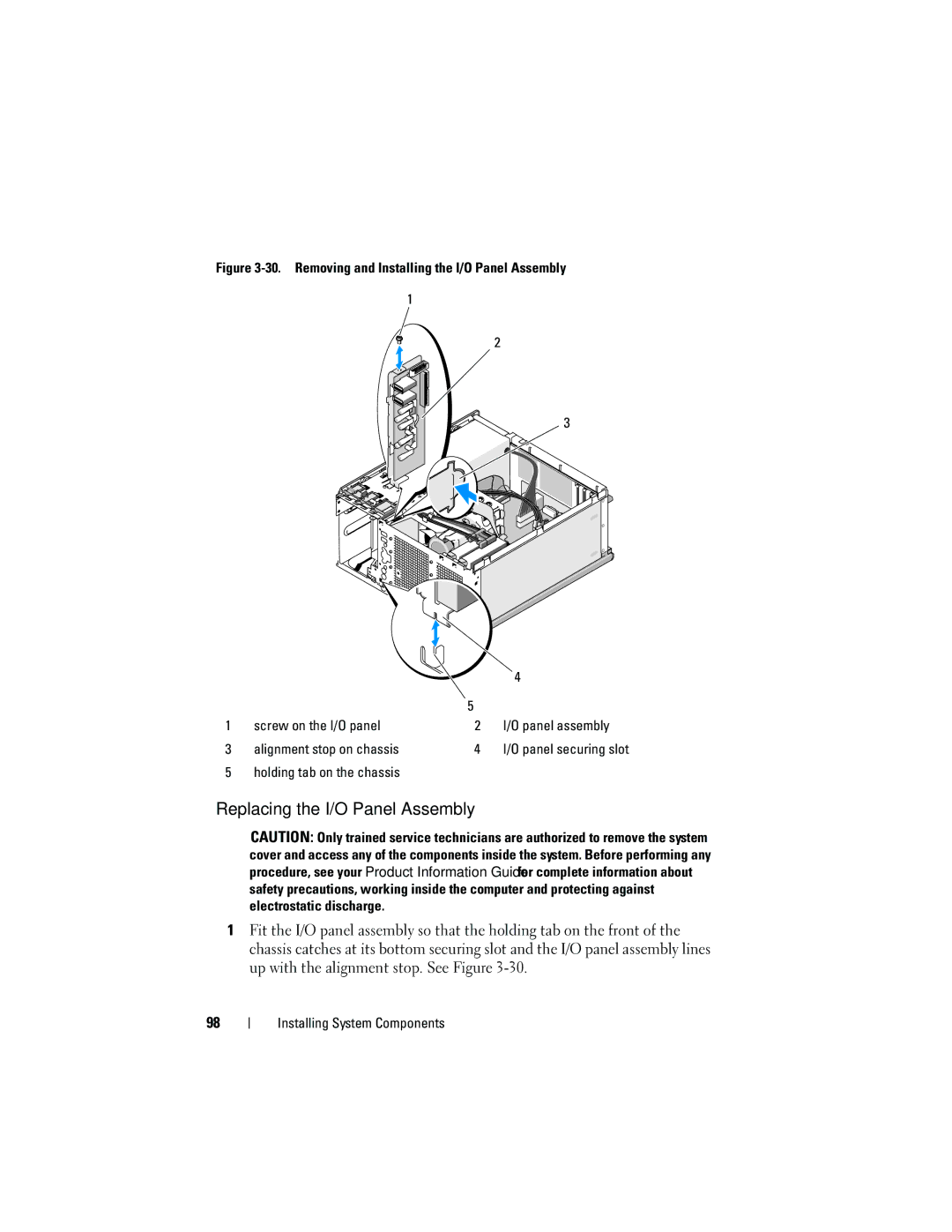 Dell T105 Systems owner manual Replacing the I/O Panel Assembly, Holding tab on the chassis 