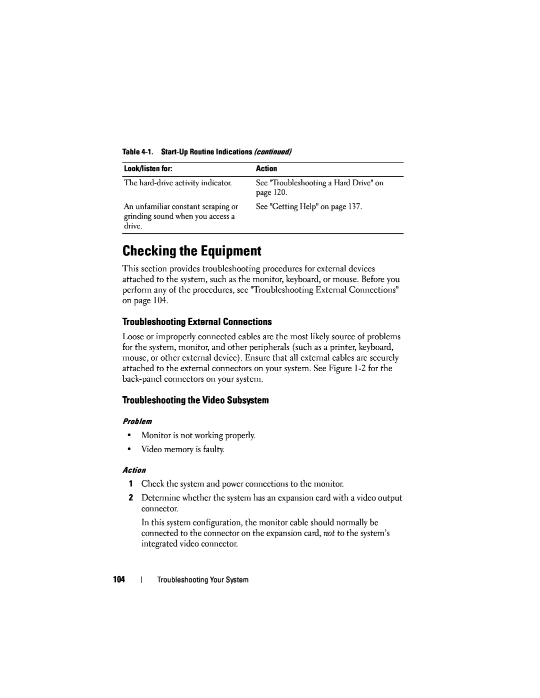 Dell T105 owner manual Checking the Equipment, Troubleshooting External Connections, Troubleshooting the Video Subsystem 