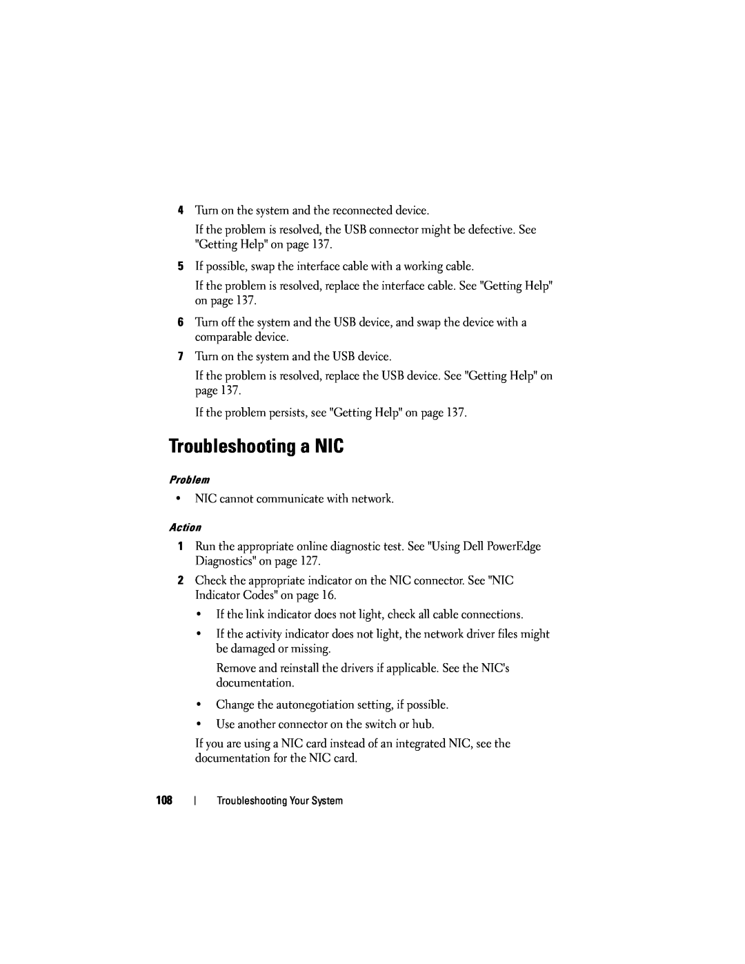 Dell T105 owner manual Troubleshooting a NIC 