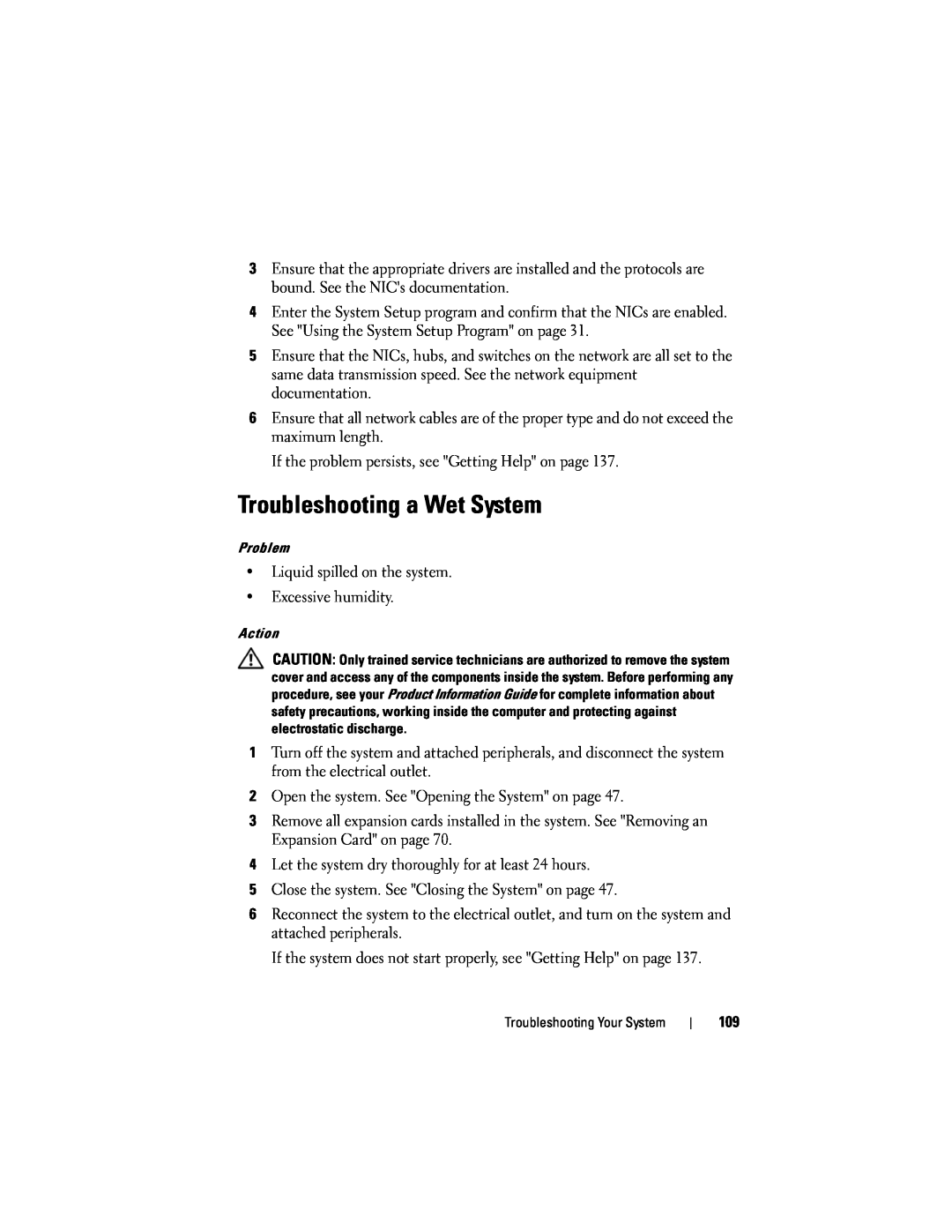 Dell T105 owner manual Troubleshooting a Wet System 