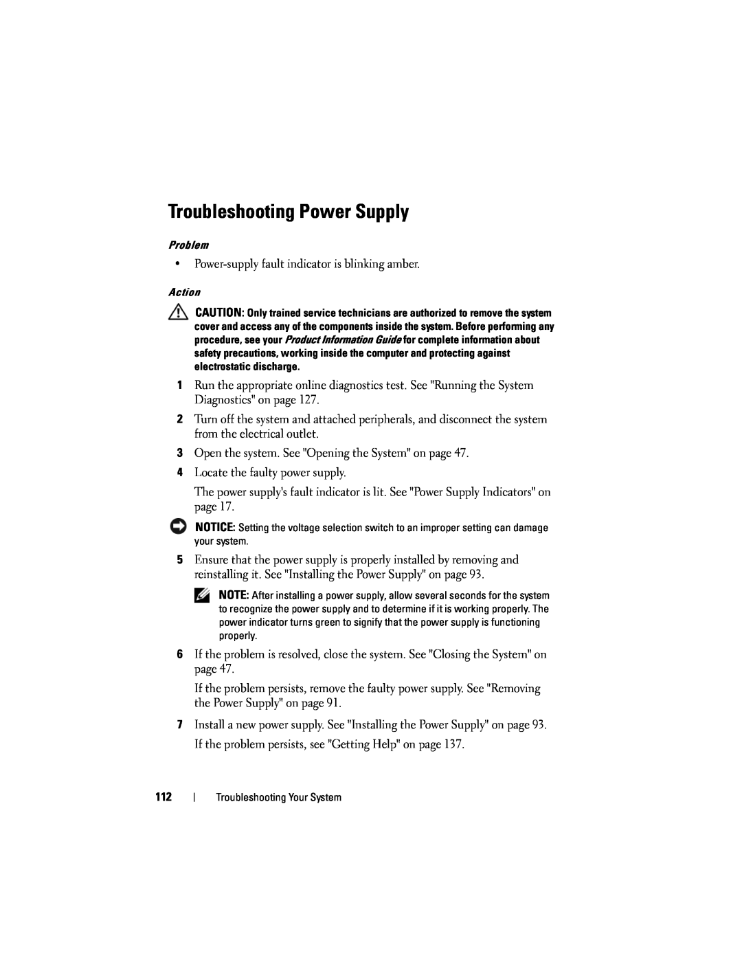Dell T105 owner manual Troubleshooting Power Supply 