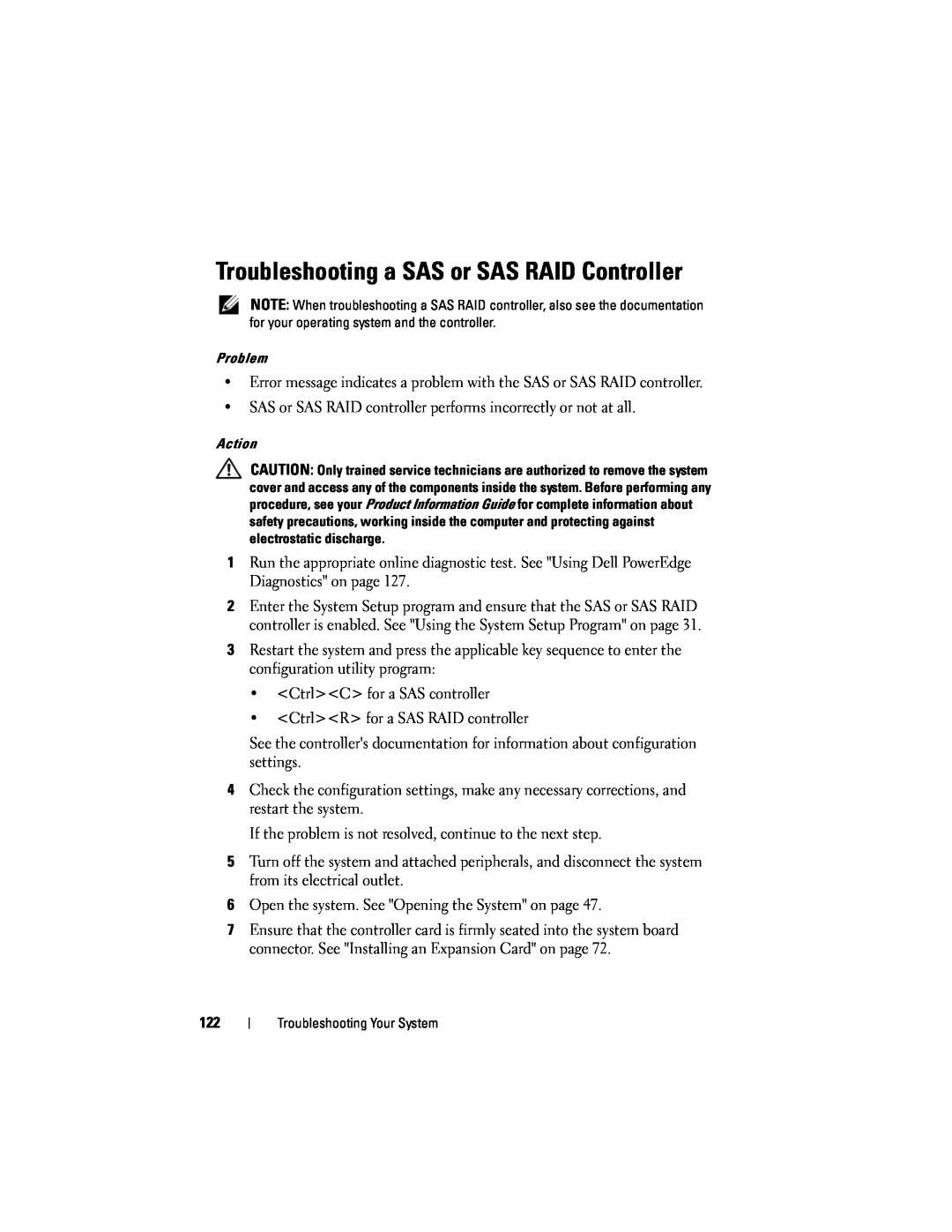Dell T105 owner manual Troubleshooting a SAS or SAS RAID Controller 