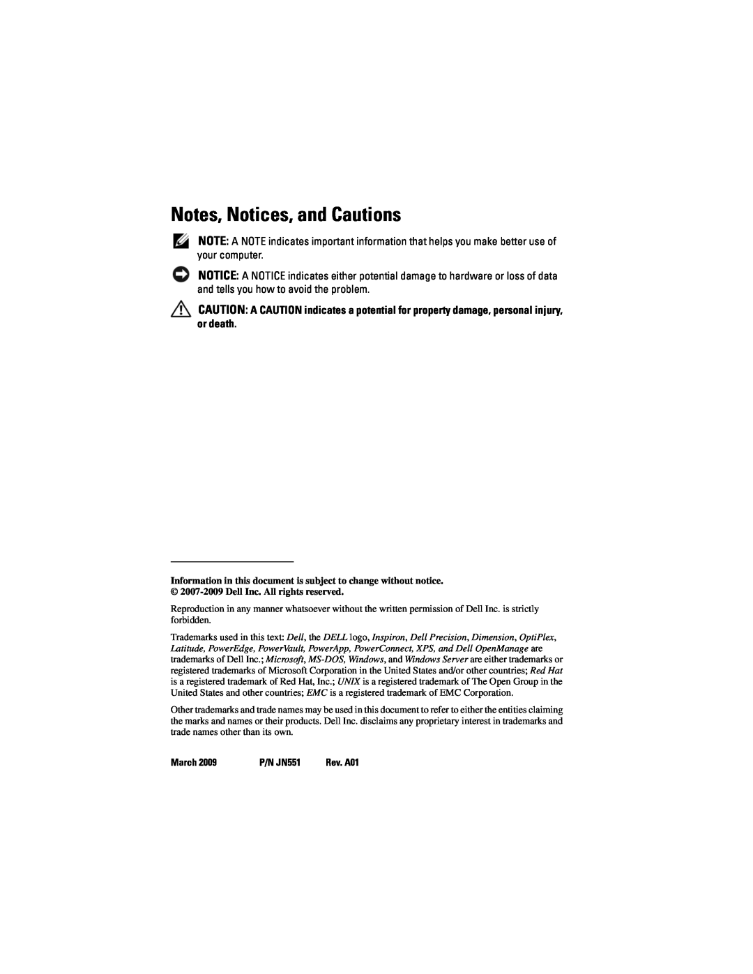 Dell T105 owner manual Notes, Notices, and Cautions, March, P/N JN551 