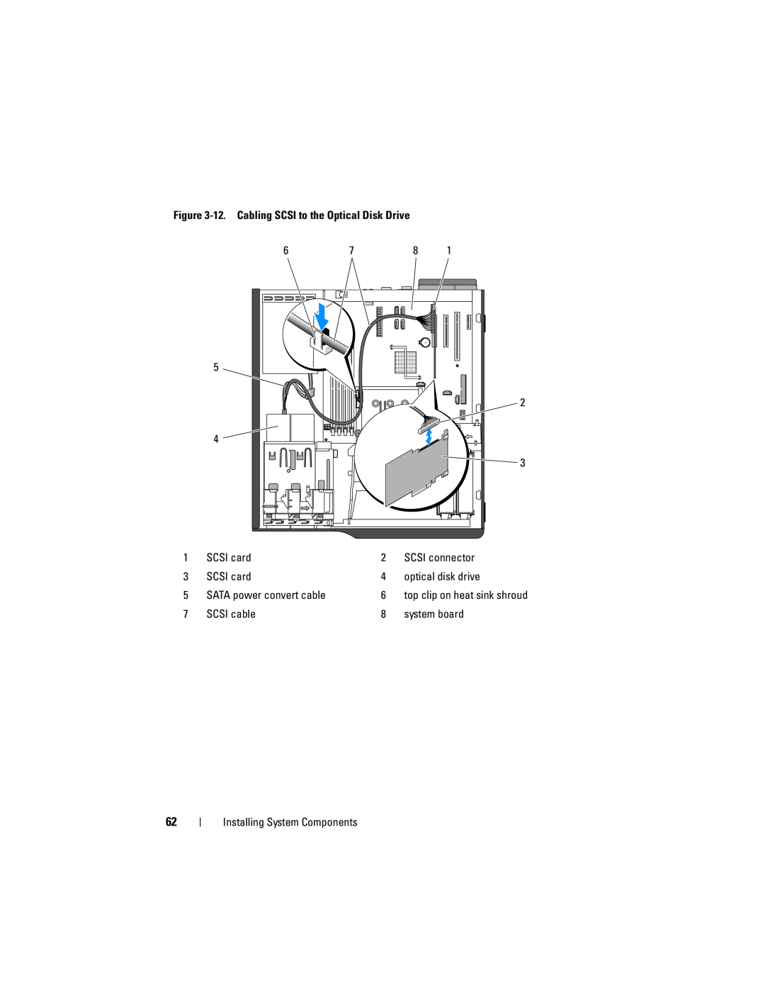 Dell T105 12. Cabling SCSI to the Optical Disk Drive, SCSI card, SCSI connector, optical disk drive, SCSI cable 