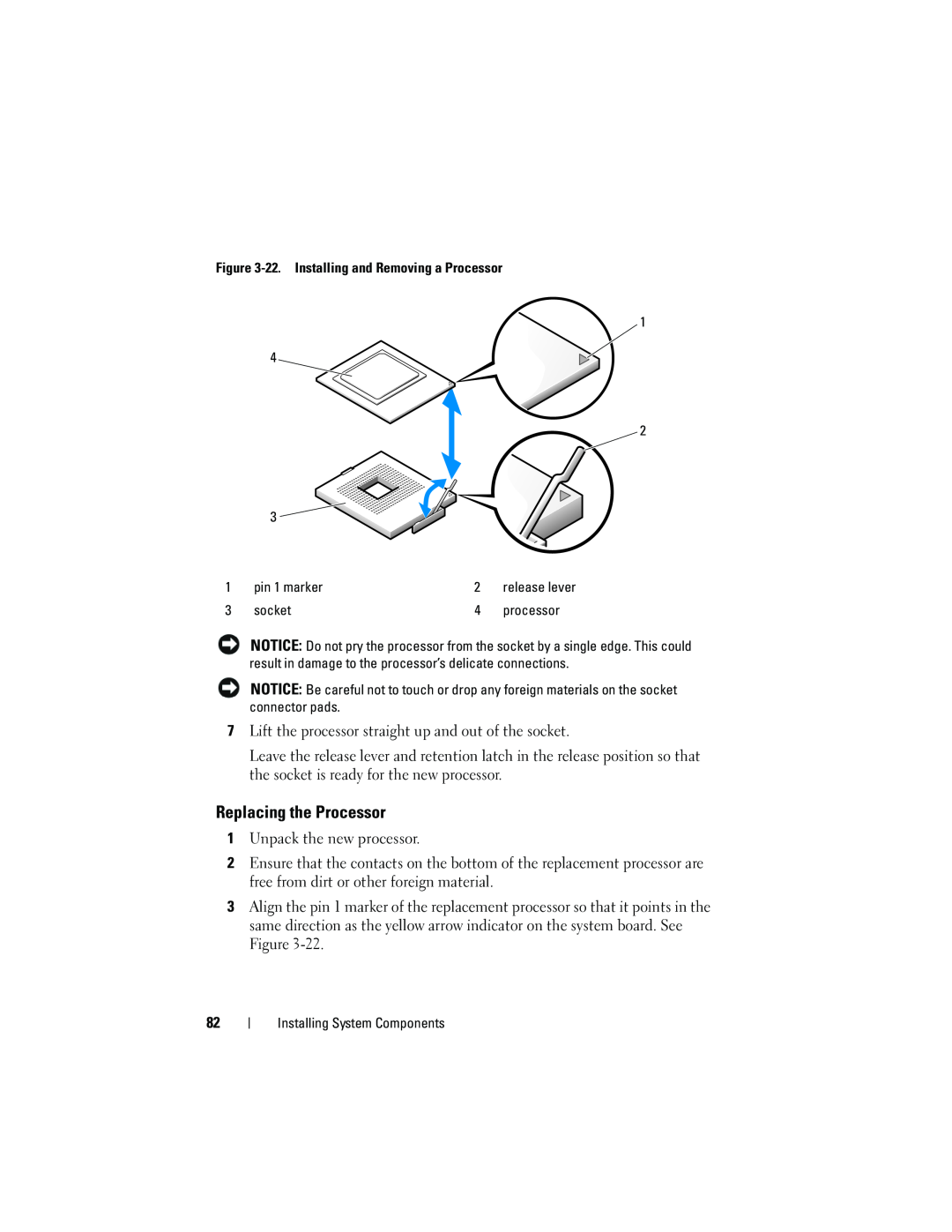 Dell T105 owner manual Replacing the Processor 