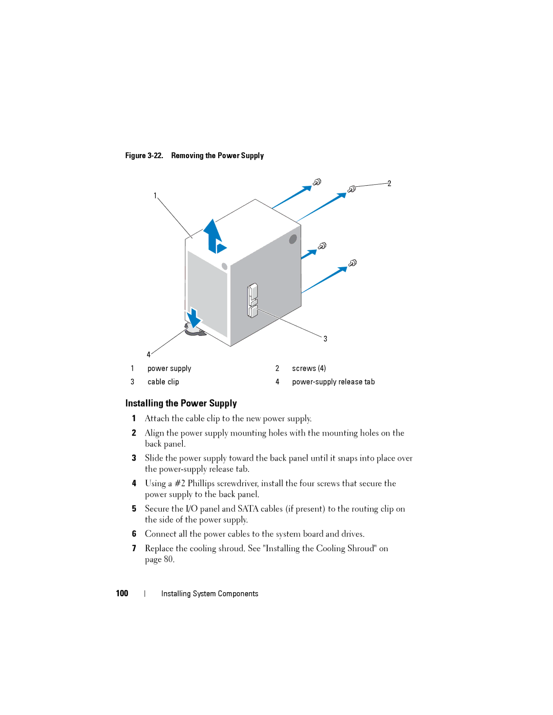 Dell T110 II owner manual Installing the Power Supply, 100 