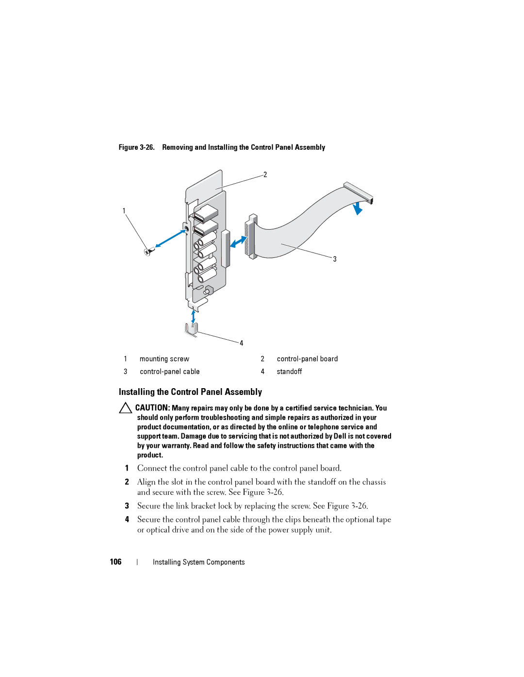 Dell T110 II owner manual Installing the Control Panel Assembly, 106 