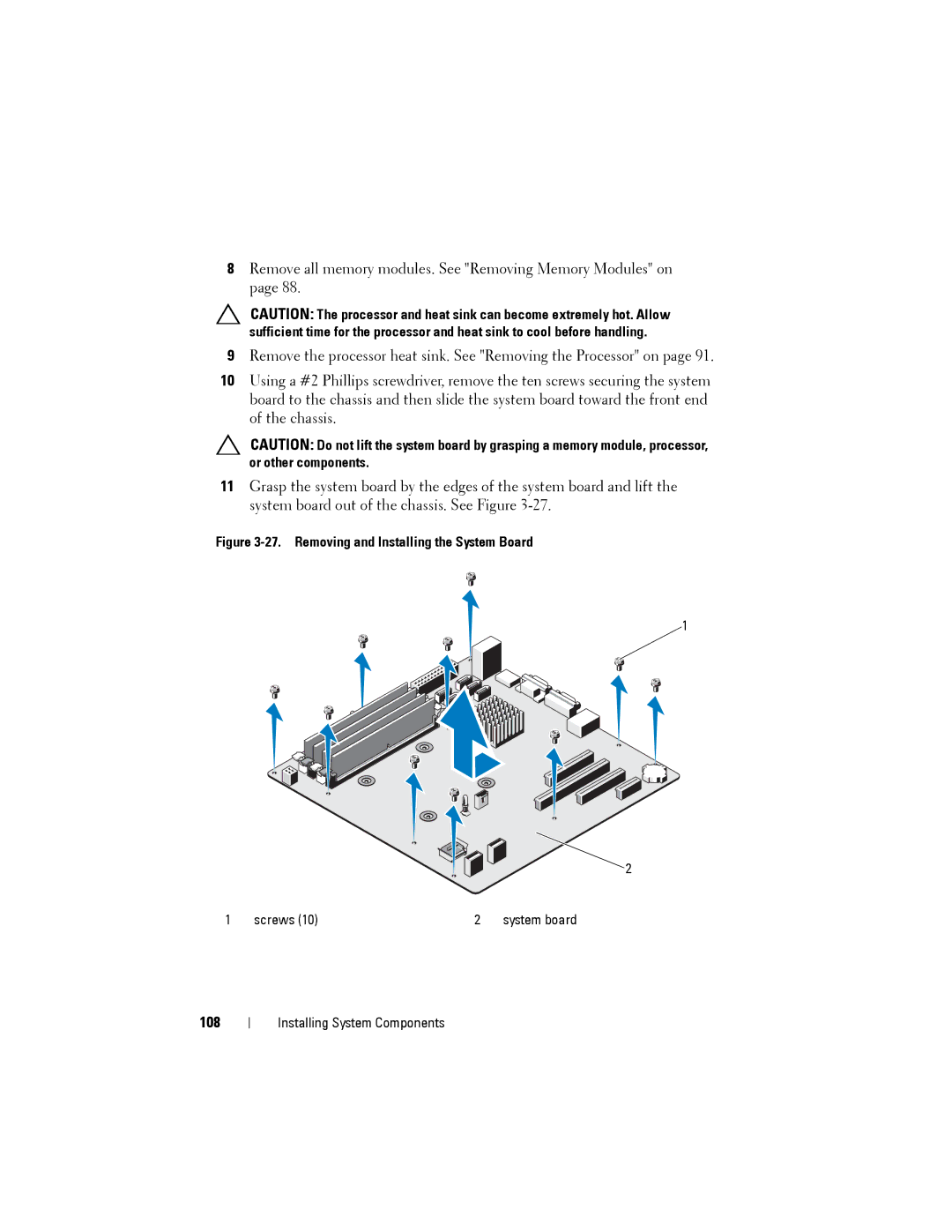 Dell T110 II owner manual 108, Removing and Installing the System Board 