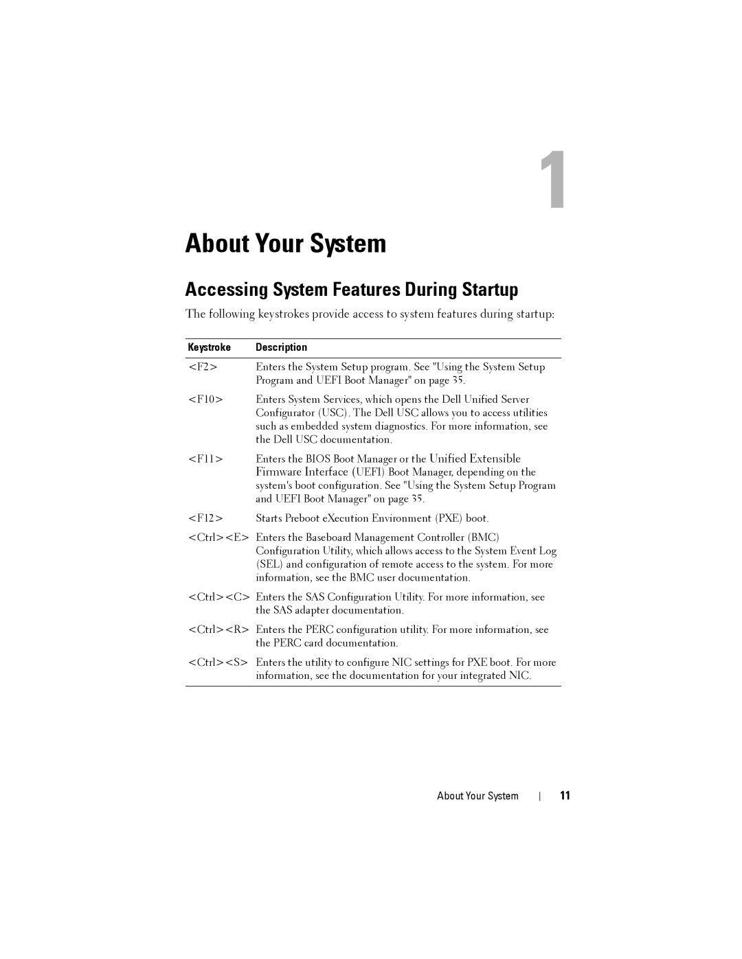 Dell T110 II owner manual Accessing System Features During Startup, Keystroke Description 