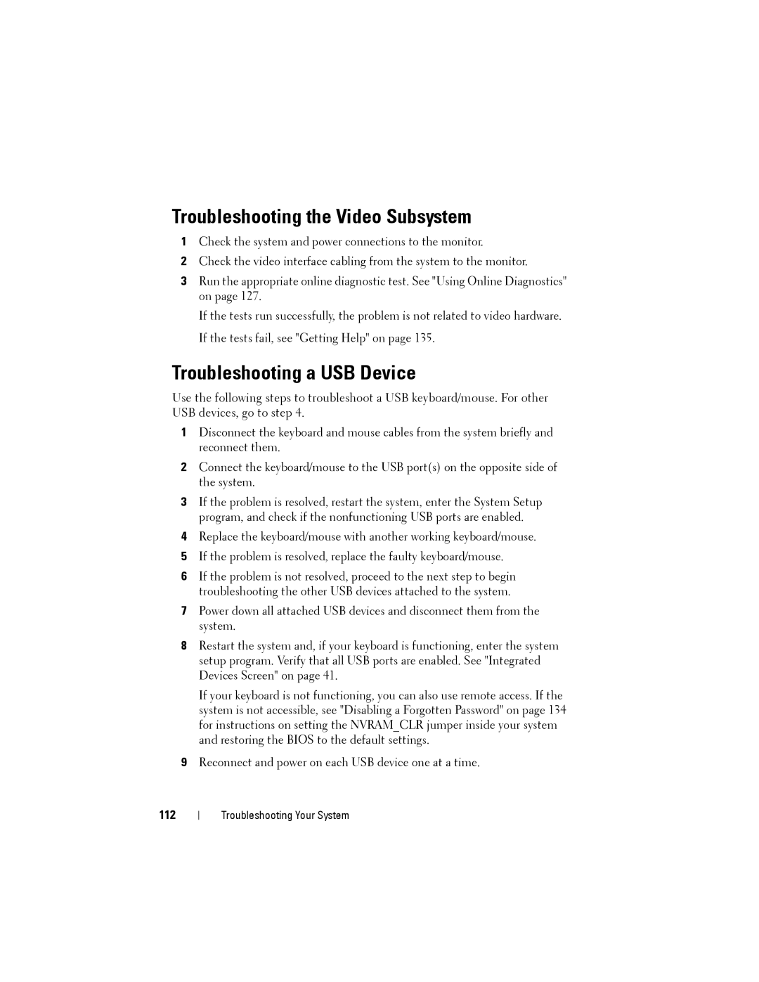 Dell T110 II owner manual Troubleshooting the Video Subsystem, Troubleshooting a USB Device, 112 