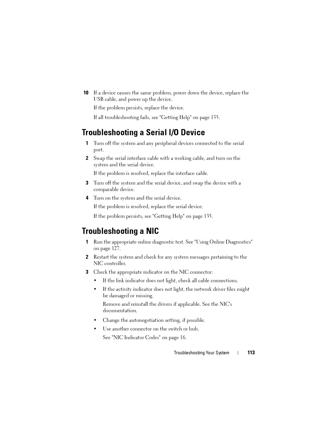 Dell T110 II owner manual Troubleshooting a Serial I/O Device, Troubleshooting a NIC, 113 