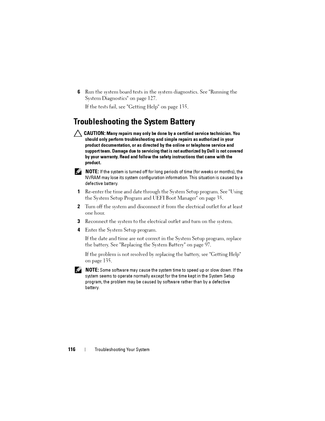 Dell T110 II owner manual Troubleshooting the System Battery, 116 