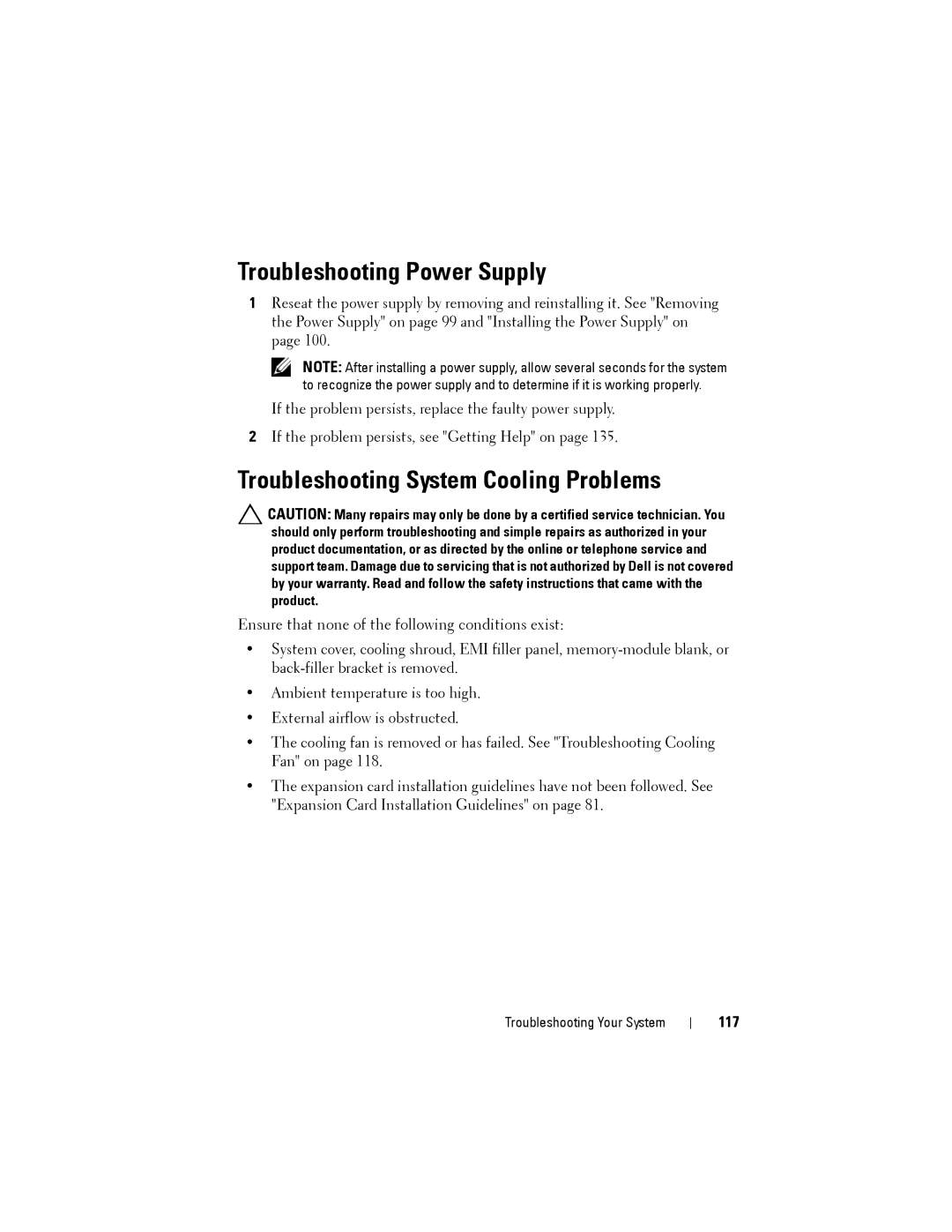 Dell T110 II owner manual Troubleshooting Power Supply, Troubleshooting System Cooling Problems, 117 