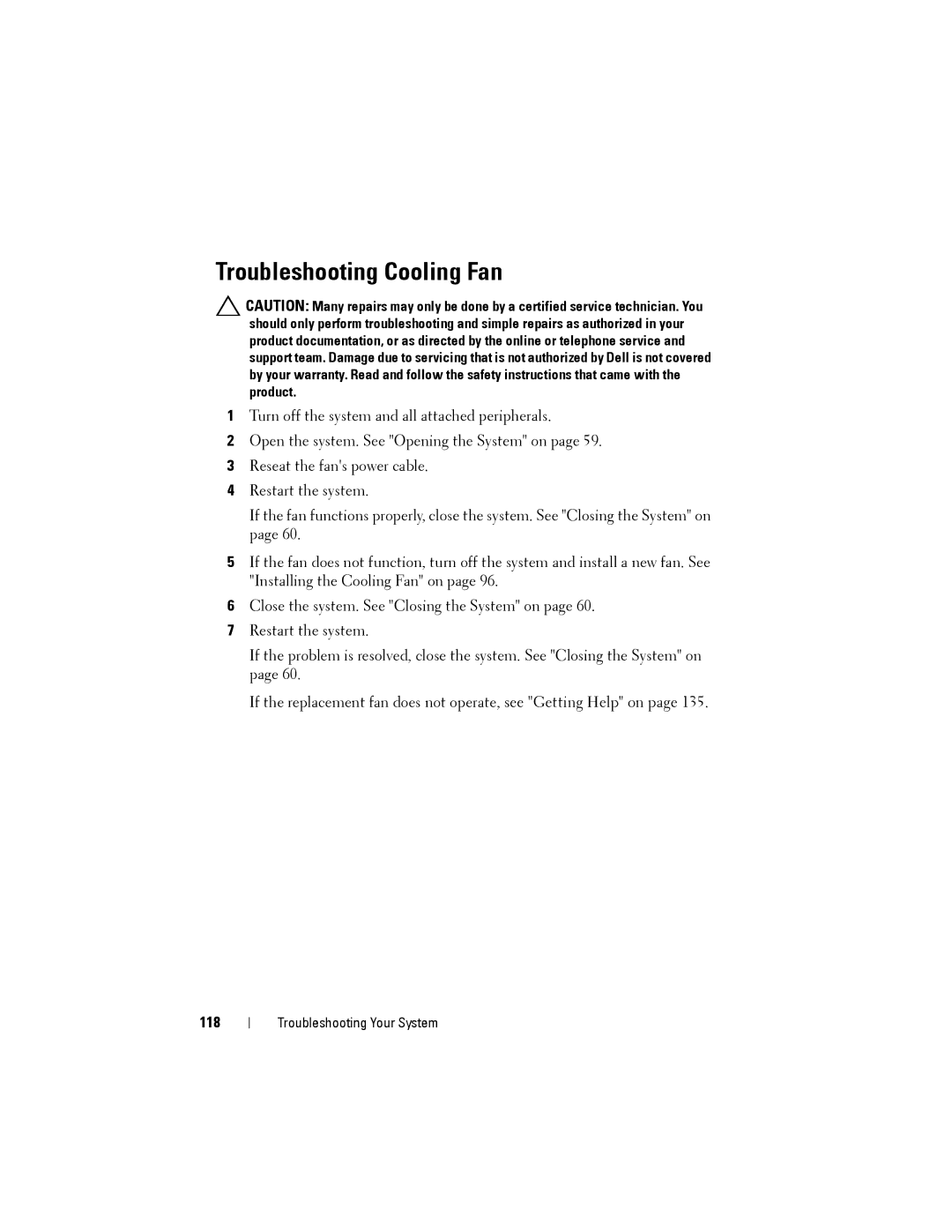 Dell T110 II owner manual Troubleshooting Cooling Fan, 118 