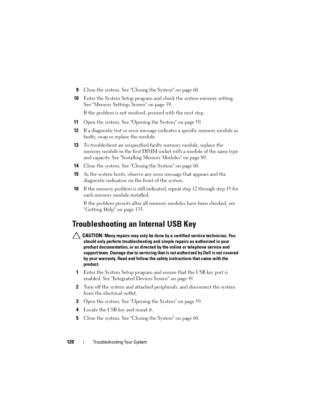 Dell T110 II owner manual Troubleshooting an Internal USB Key, 120 