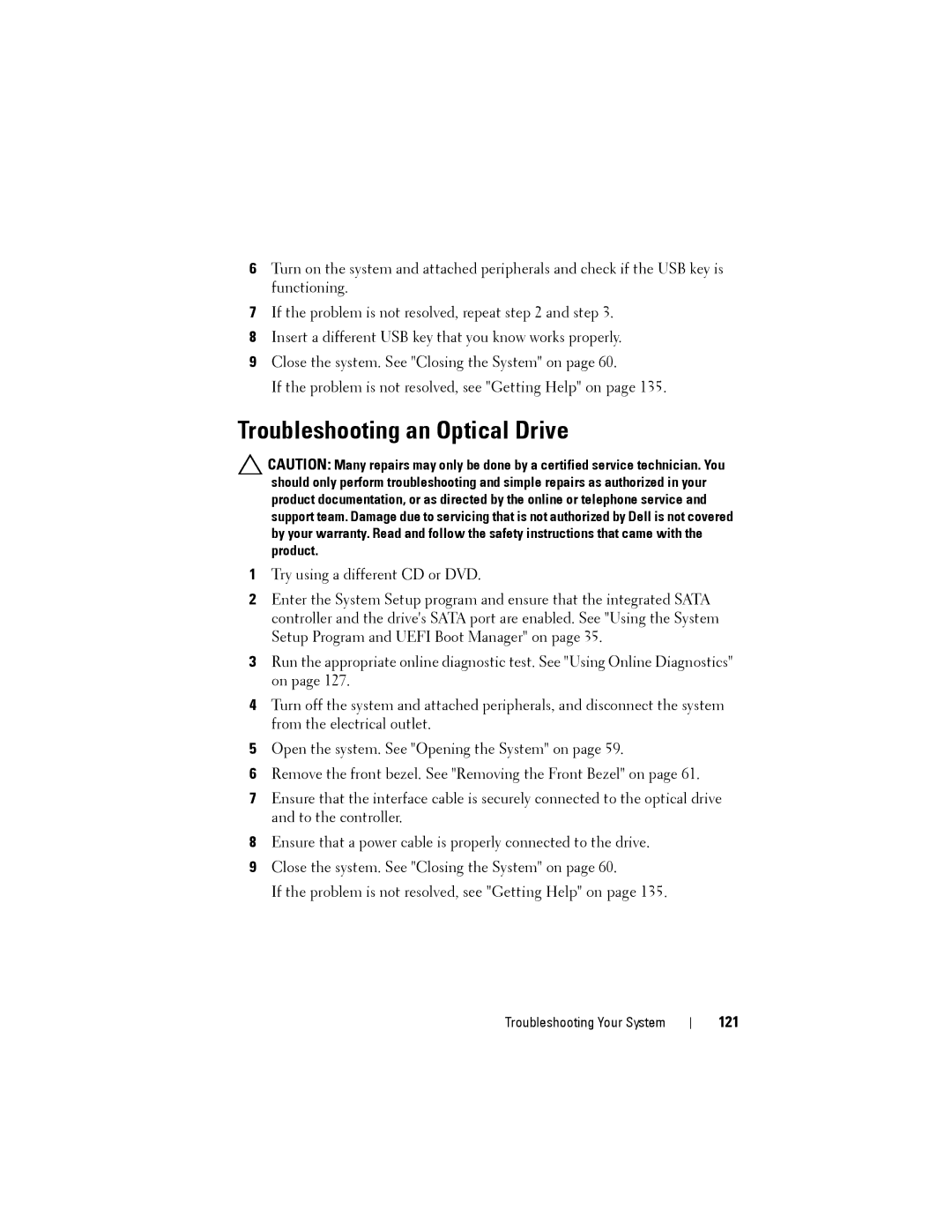 Dell T110 II owner manual Troubleshooting an Optical Drive, 121 