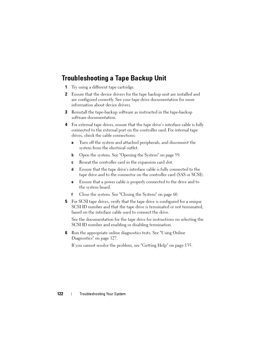 Dell T110 II owner manual Troubleshooting a Tape Backup Unit, 122 