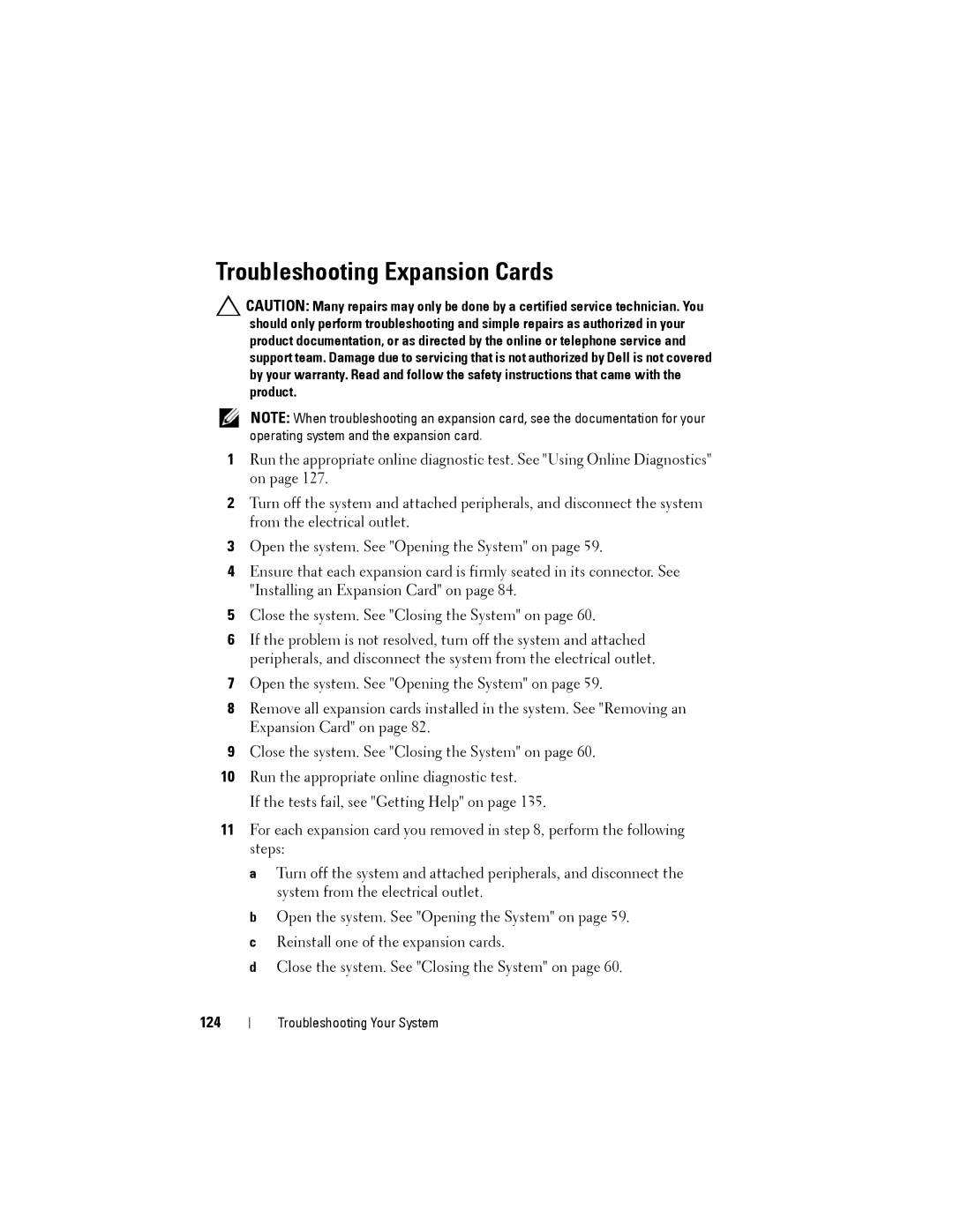 Dell T110 II owner manual Troubleshooting Expansion Cards, 124 