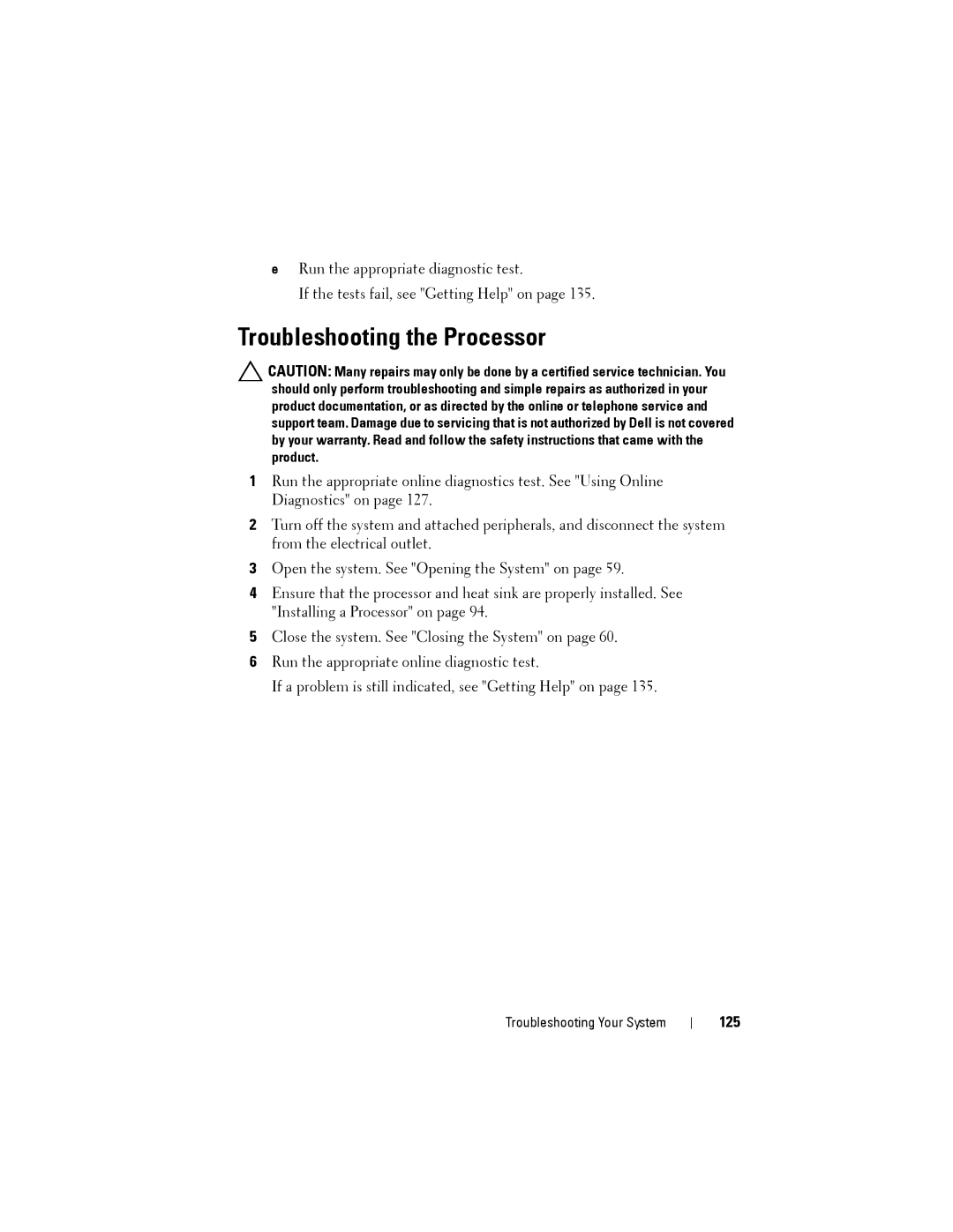 Dell T110 II owner manual Troubleshooting the Processor, 125 