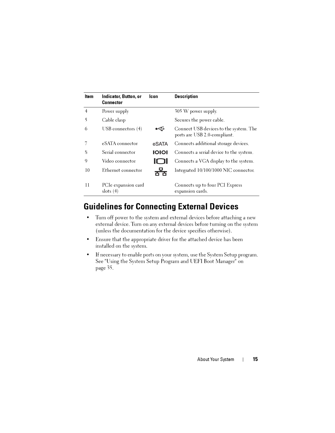 Dell T110 II owner manual Guidelines for Connecting External Devices 