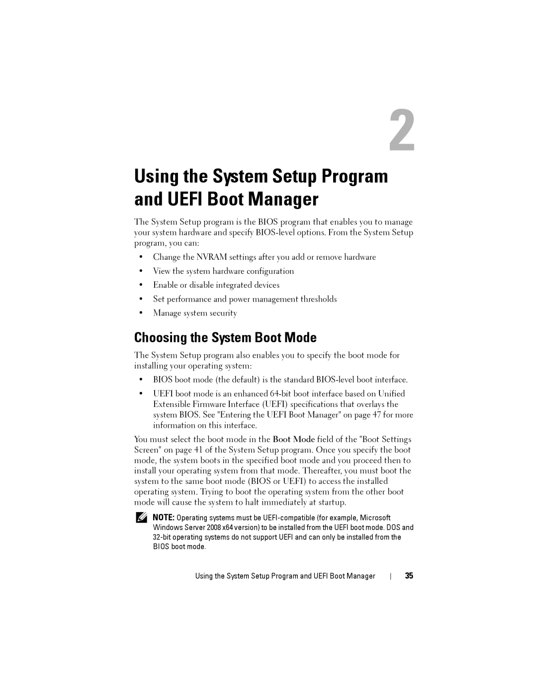 Dell T110 II owner manual Using the System Setup Program and Uefi Boot Manager, Choosing the System Boot Mode 