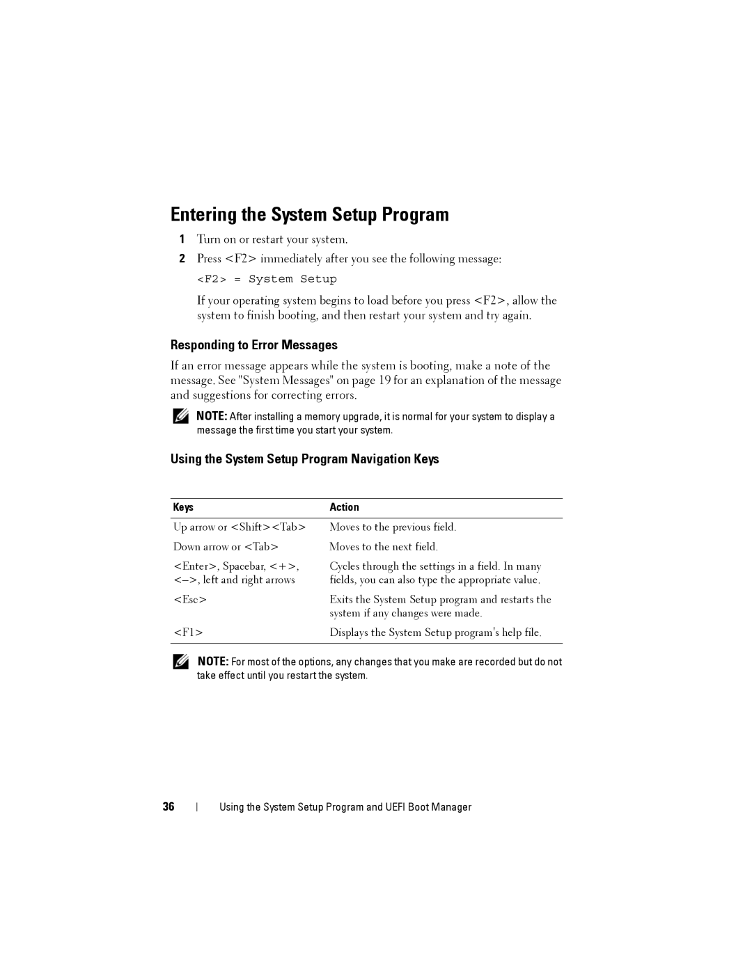 Dell T110 II owner manual Entering the System Setup Program, Responding to Error Messages, Keys Action 