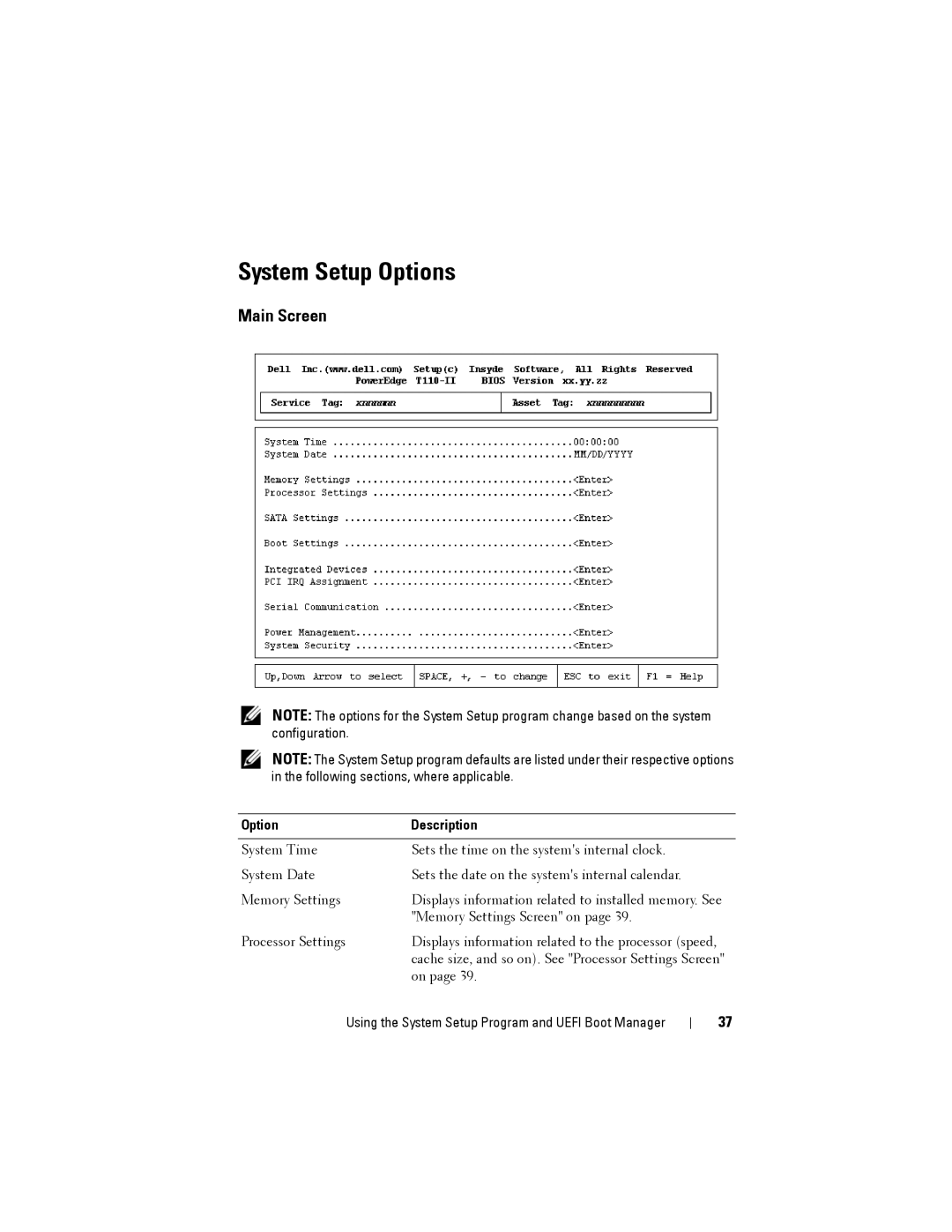 Dell T110 II owner manual System Setup Options, Main Screen, Option Description 