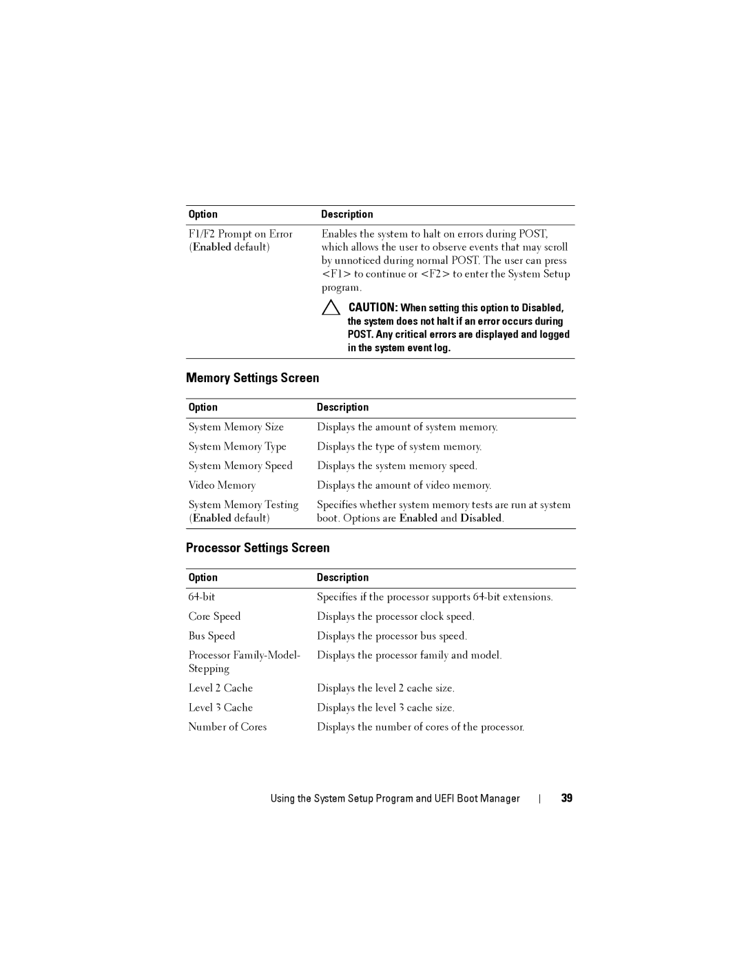 Dell T110 II owner manual Memory Settings Screen, Processor Settings Screen, System event log 