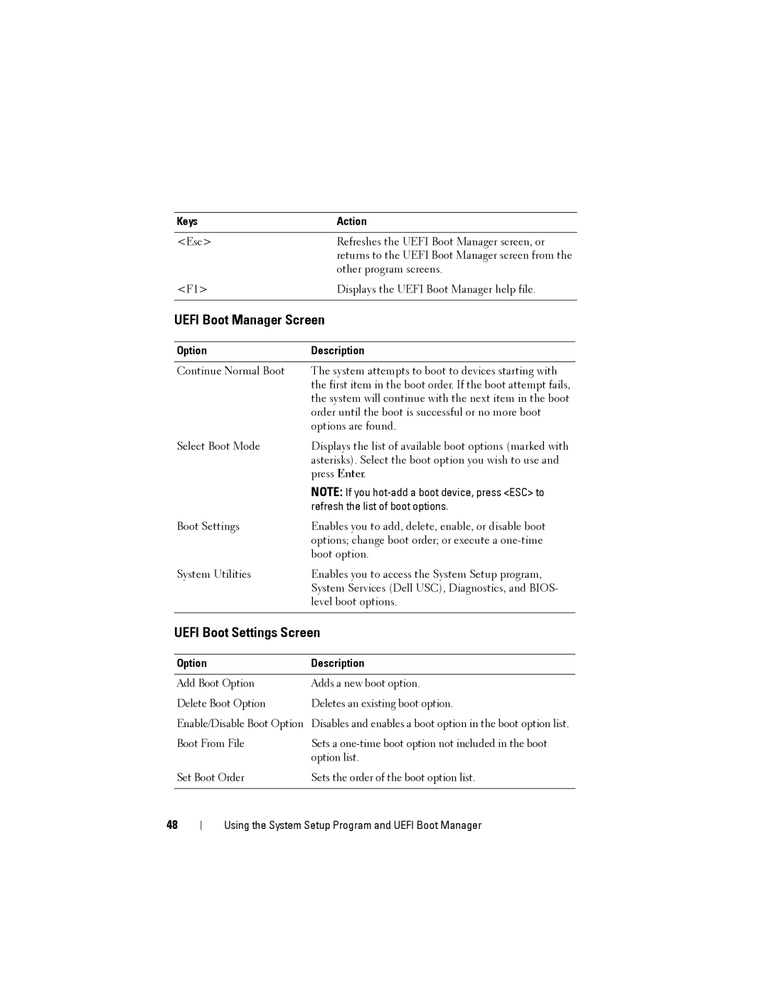 Dell T110 II owner manual Uefi Boot Settings Screen, Uefi Boot Manager Screen 