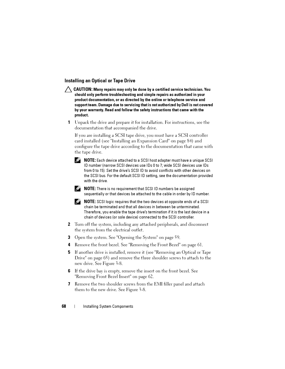 Dell T110 II owner manual Installing an Optical or Tape Drive 