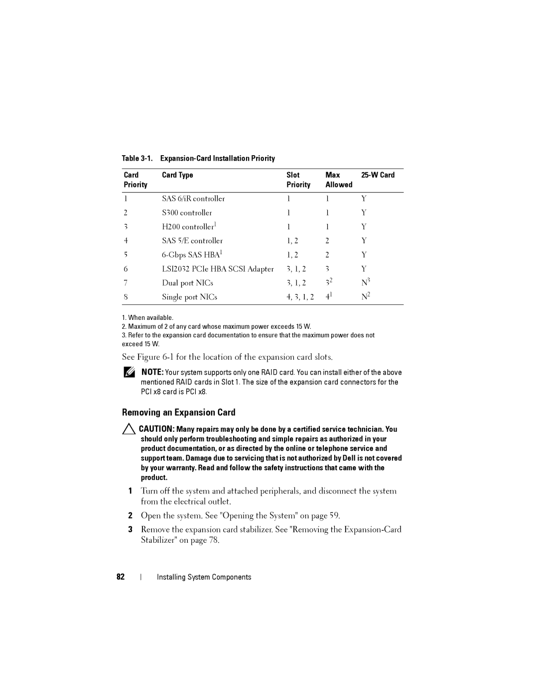 Dell T110 II owner manual Removing an Expansion Card 