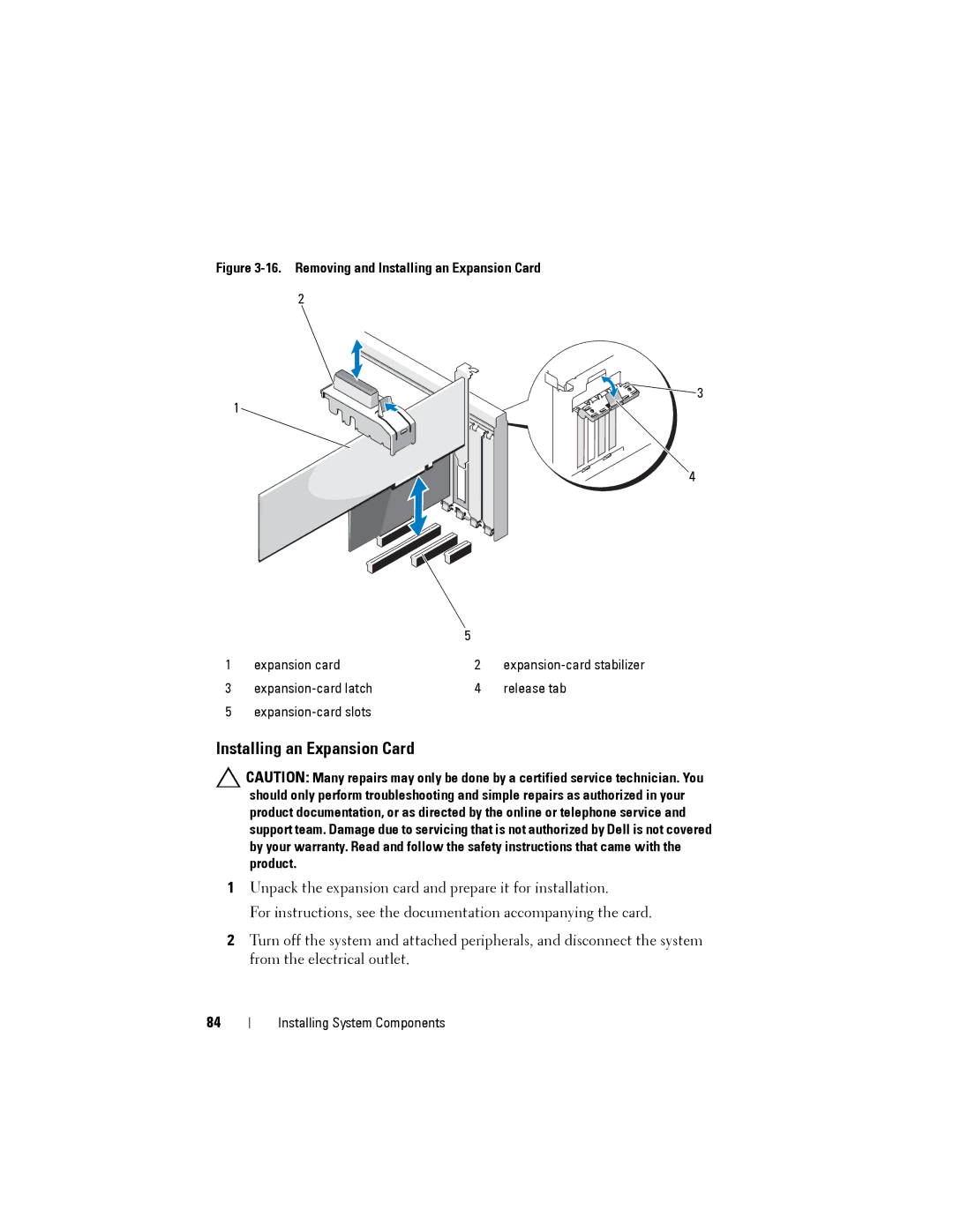 Dell T110 II owner manual Removing and Installing an Expansion Card 