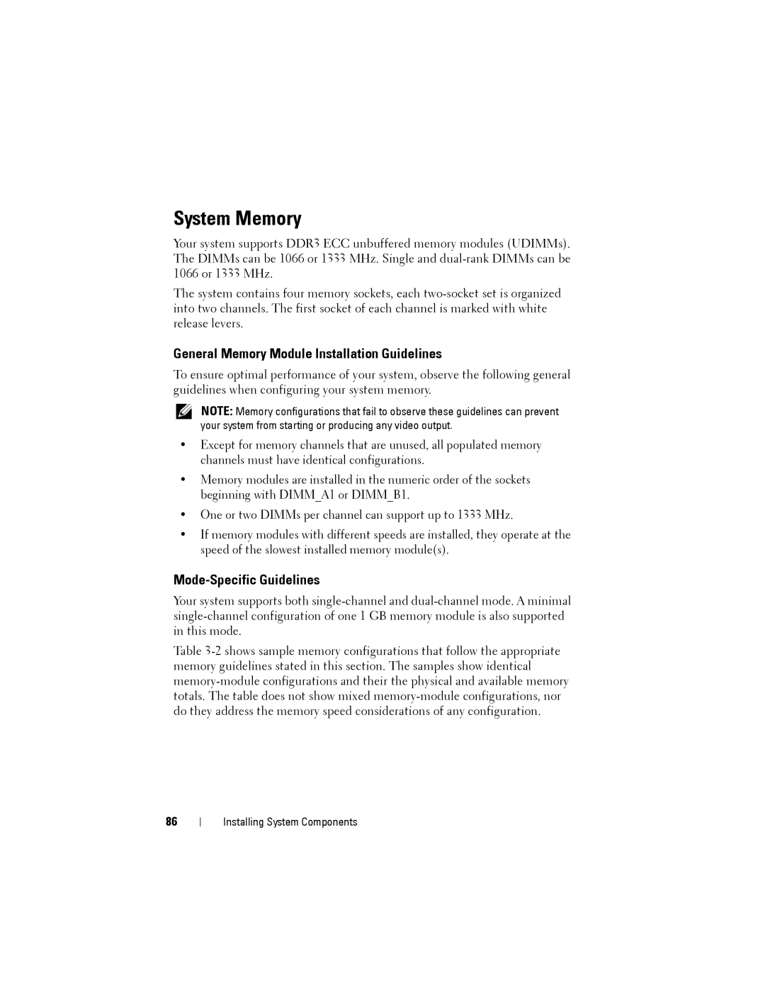 Dell T110 II owner manual System Memory, General Memory Module Installation Guidelines, Mode-Specific Guidelines 