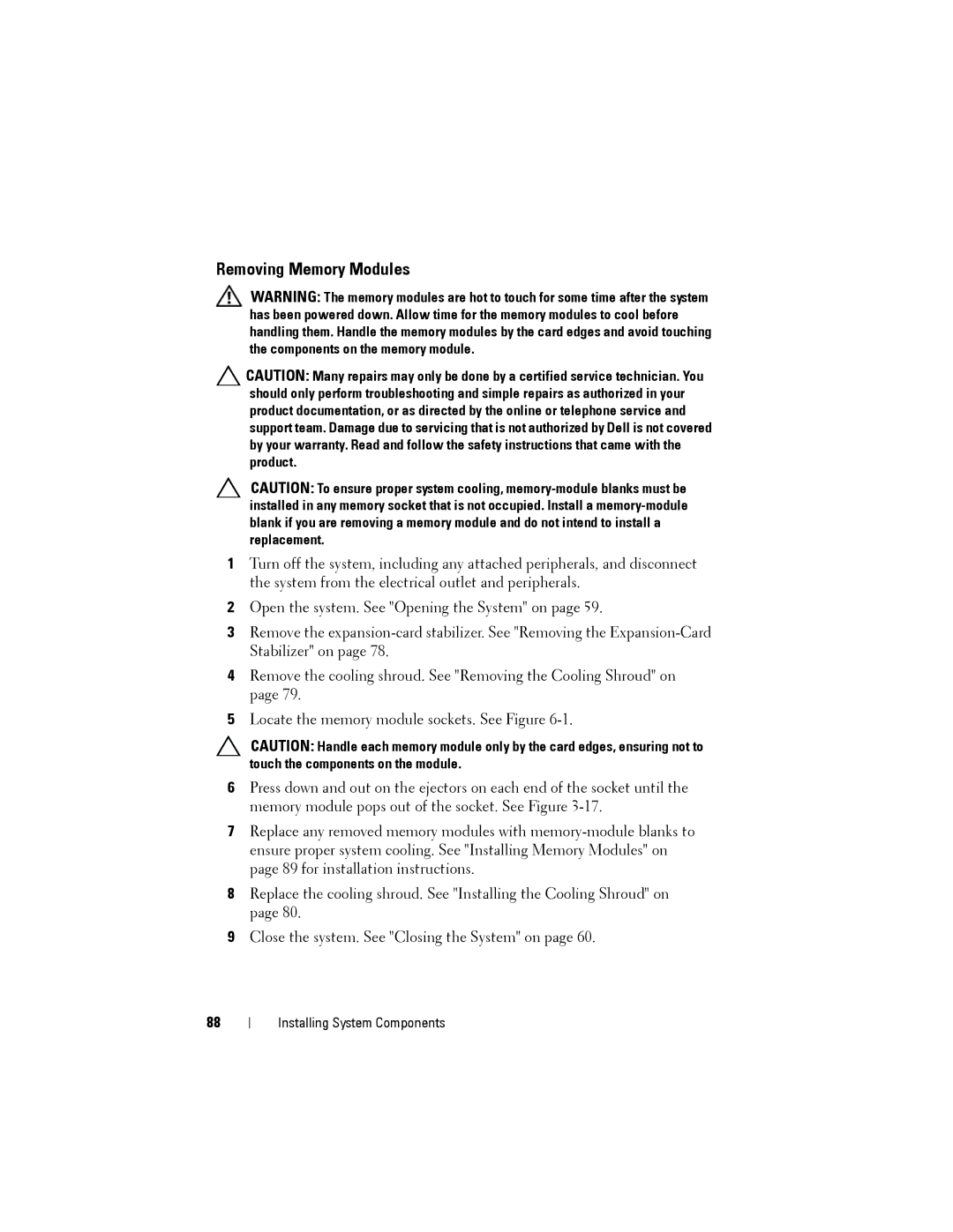 Dell T110 II owner manual Removing Memory Modules 