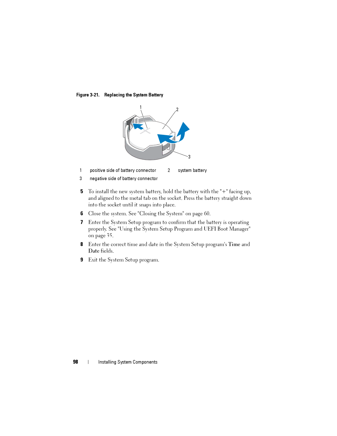 Dell T110 II owner manual Replacing the System Battery 