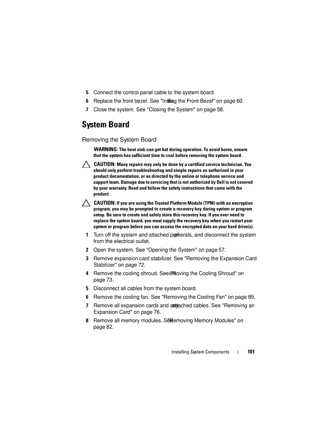 Dell T110 owner manual Removing the System Board, 101 