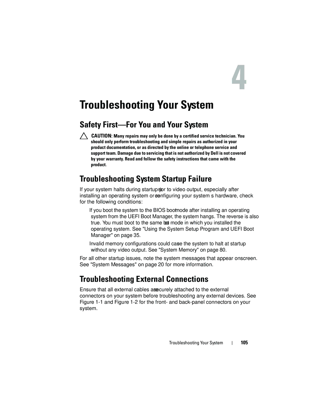 Dell T110 owner manual Troubleshooting External Connections, 105, Troubleshooting Your System 