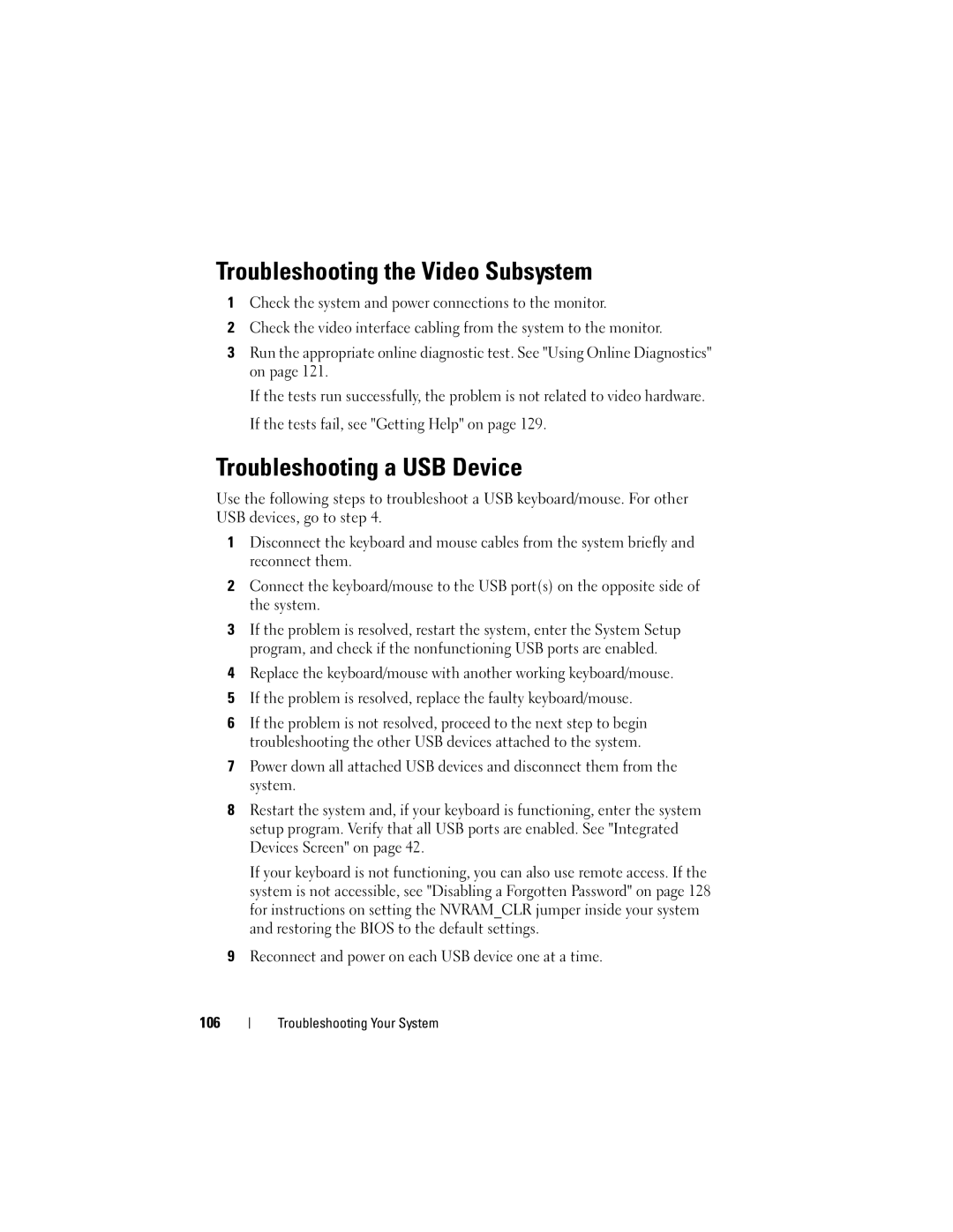 Dell T110 owner manual Troubleshooting the Video Subsystem, Troubleshooting a USB Device, 106 