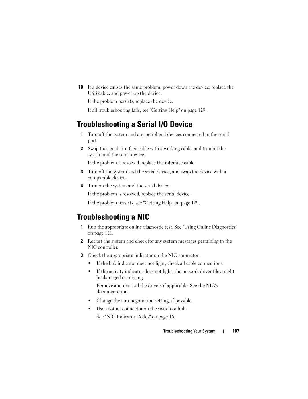 Dell T110 owner manual Troubleshooting a Serial I/O Device, Troubleshooting a NIC, 107 