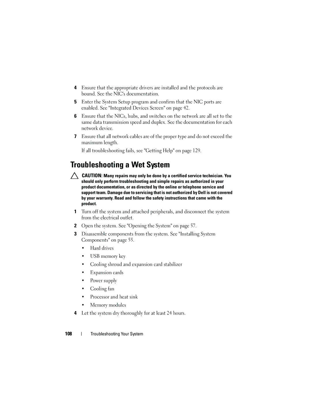 Dell T110 owner manual Troubleshooting a Wet System, 108 