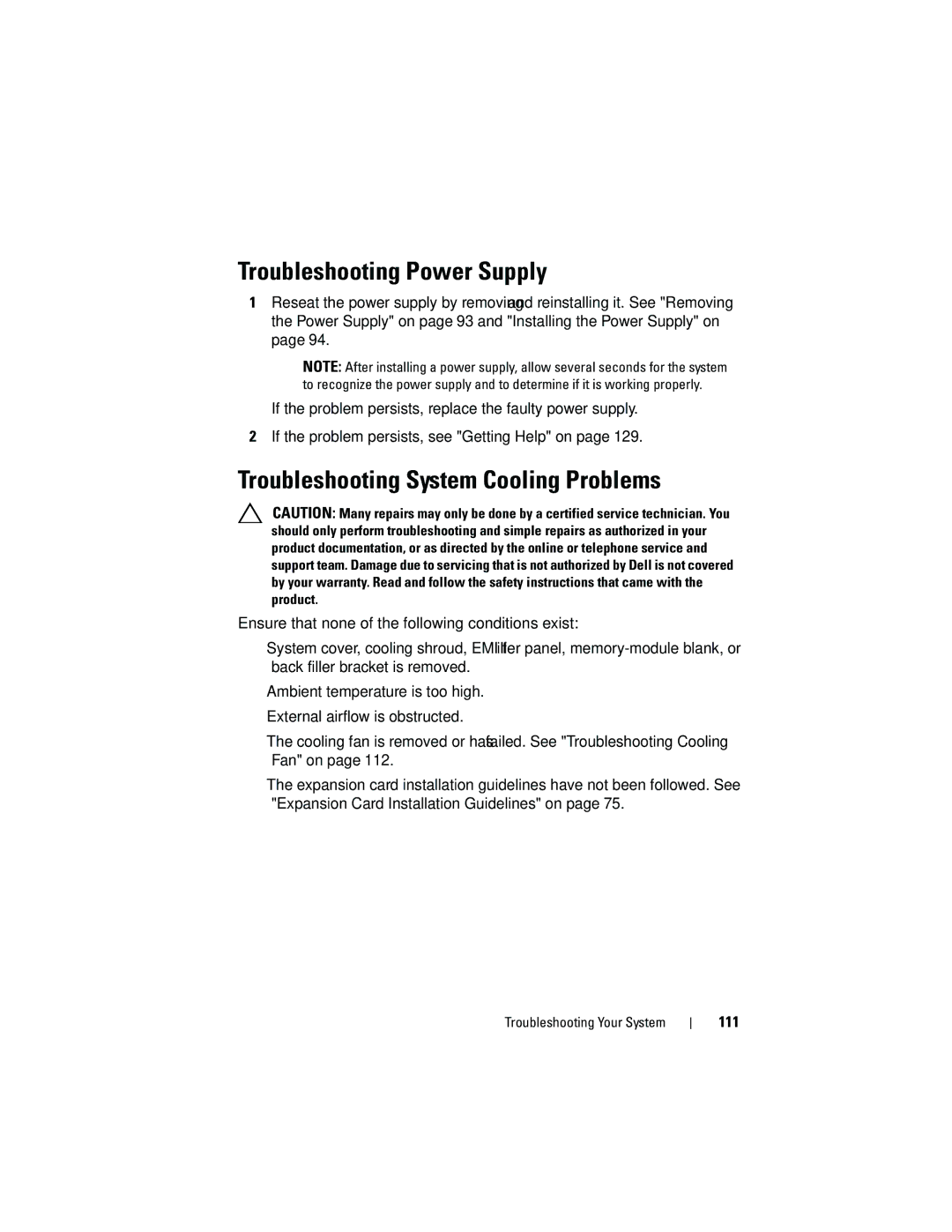 Dell T110 owner manual Troubleshooting Power Supply, Troubleshooting System Cooling Problems, 111 