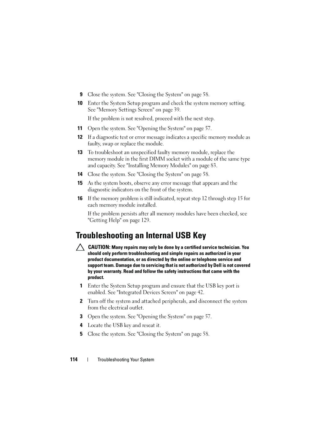 Dell T110 owner manual Troubleshooting an Internal USB Key, 114 