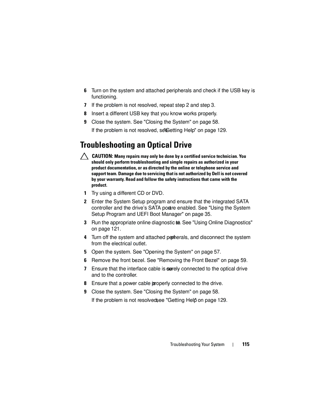 Dell T110 owner manual Troubleshooting an Optical Drive, 115 